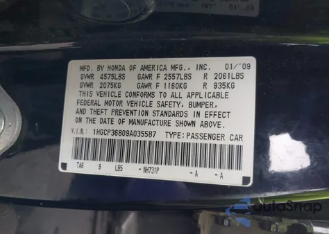 2009 Honda Accord 3.5 Ex-L from USA, damaged, VIN 1HGCP36809A035587
